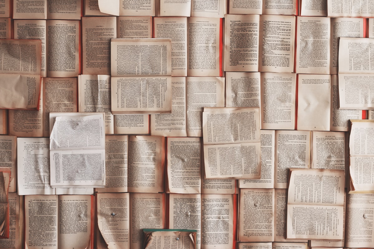 Open book pages spread across a surface
