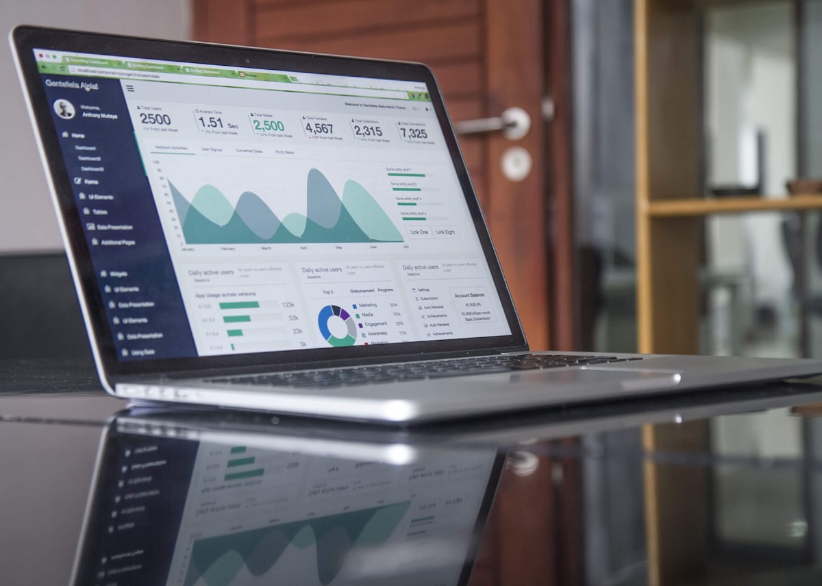 Laptop displaying analytics dashboard with charts and metrics