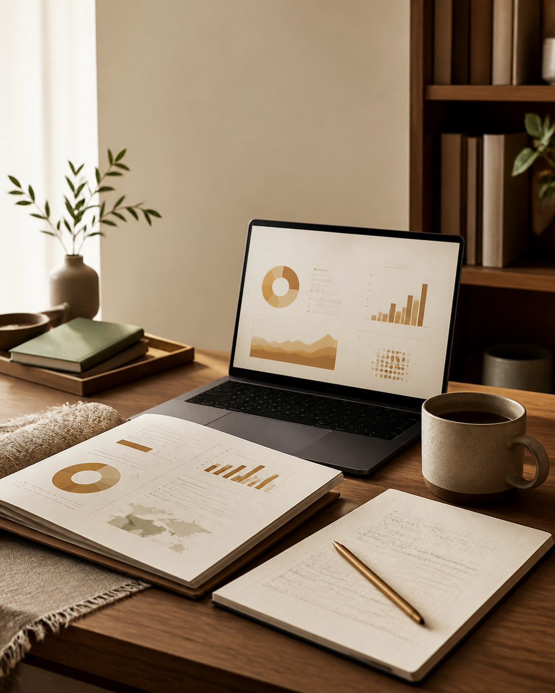 Grant research materials, notes, and abstract funding charts on a desk