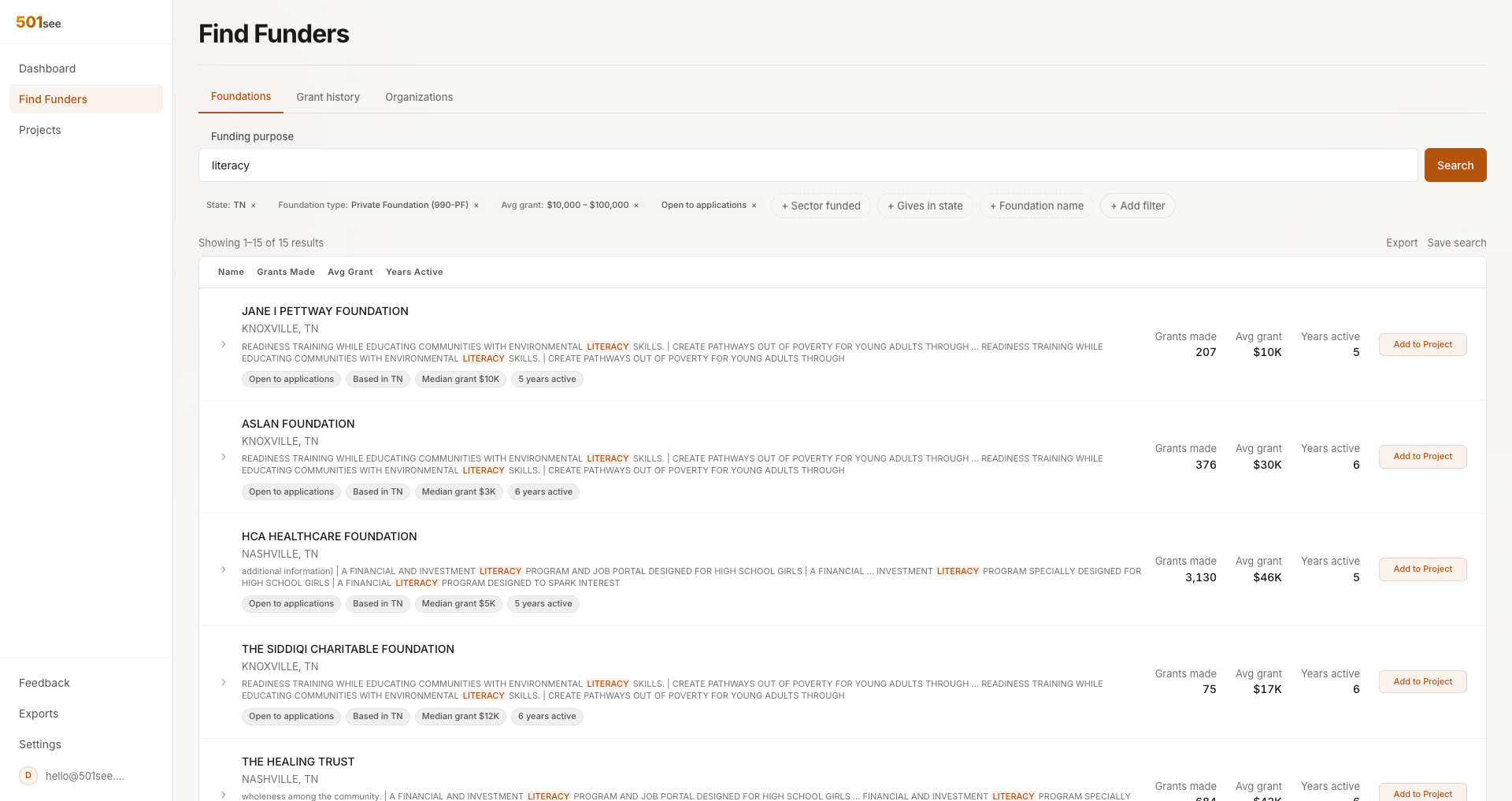 501see funder search with filters for funding purpose, geography, cause area, grant size, giving history, and funders open to applications