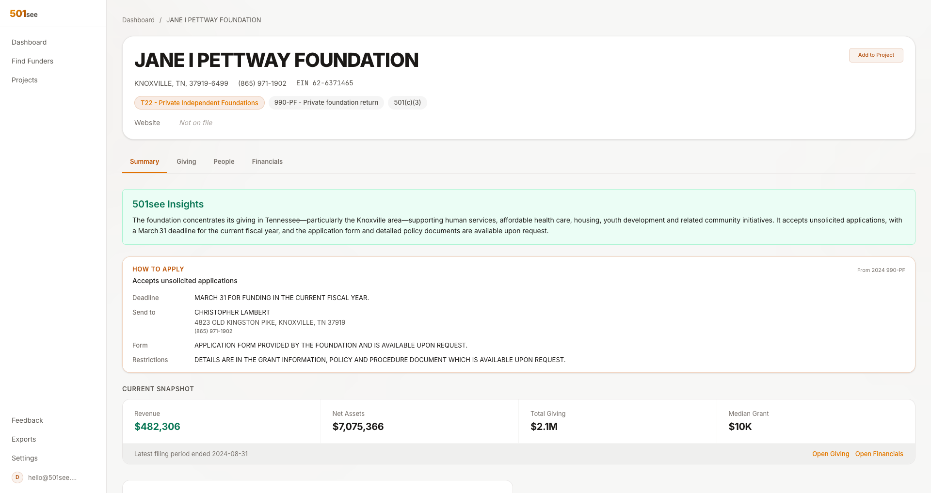 Foundation profile showing giving patterns, recipients, grant size, and application details