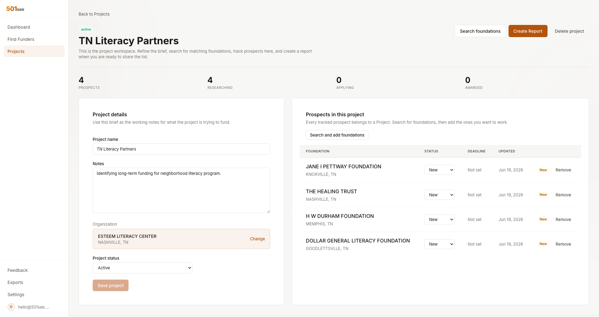 501see project workspace with saved funders, notes, prioritization, and a shareable report link