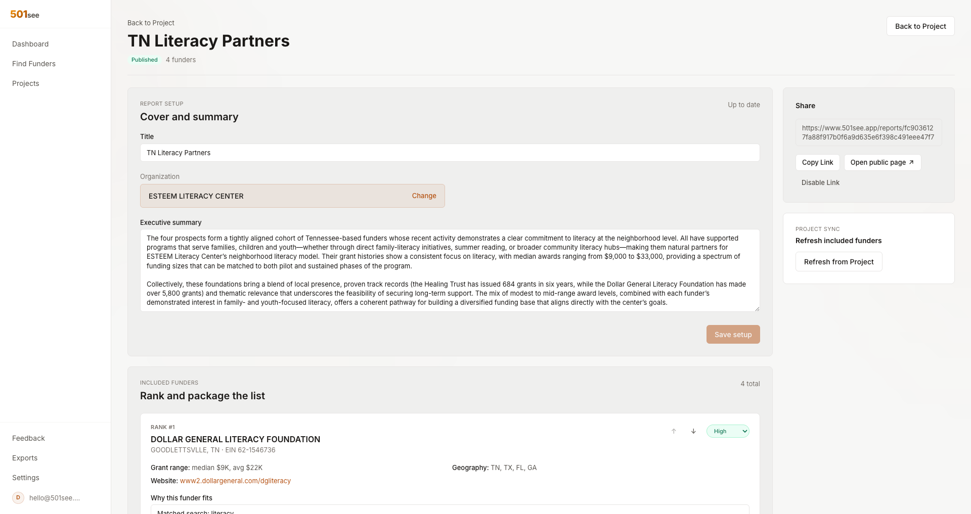 501see funder report with shortlisted foundations, rankings, and a shareable presentation view
